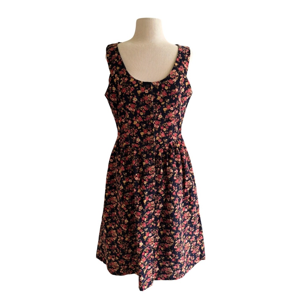 Charter Club Vtg Corduroy Floral Dress Navy Blue Button Cottagecore Country Chic